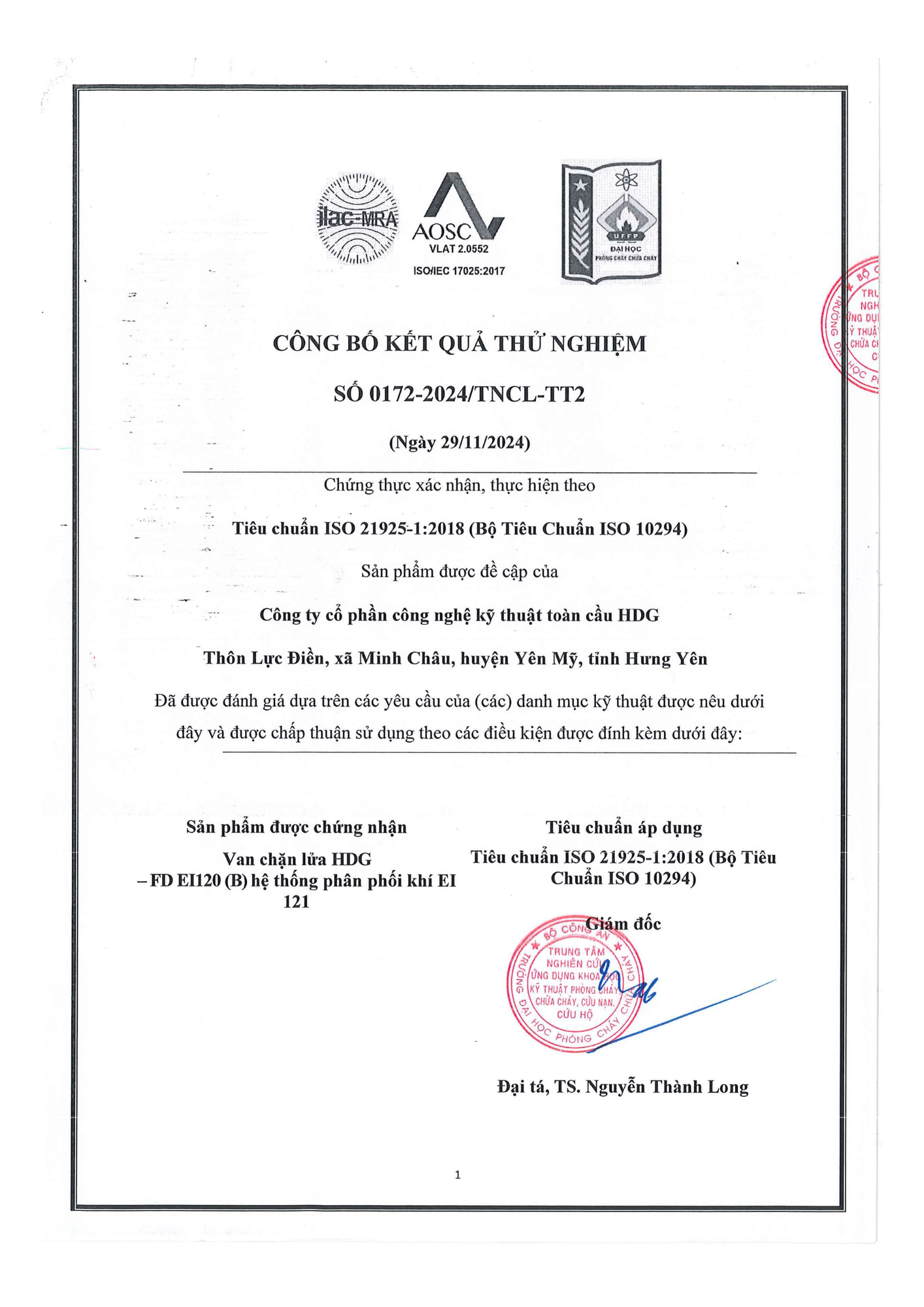 Kết quả thử nghiệm Van FD EI120